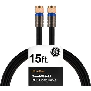 GE RG6 Coaxial Cable, 15 ft. F-Type Connectors, Quad Shielded Coax Cable, 3 GHz Digital, In-Wall Rated, Ideal for TV Antenna, DVR, VCR, Satellite, Cable Box, Home Theater, Black, 33732 (15 Feet)