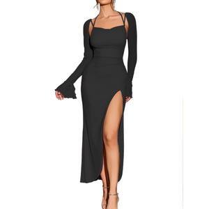 KUTUMAI Women's Sexy Long Sleeve Sequin Maxi Dress Halter Side Split Ruched Bodycon Formal Cocktail Party Dresses Medium