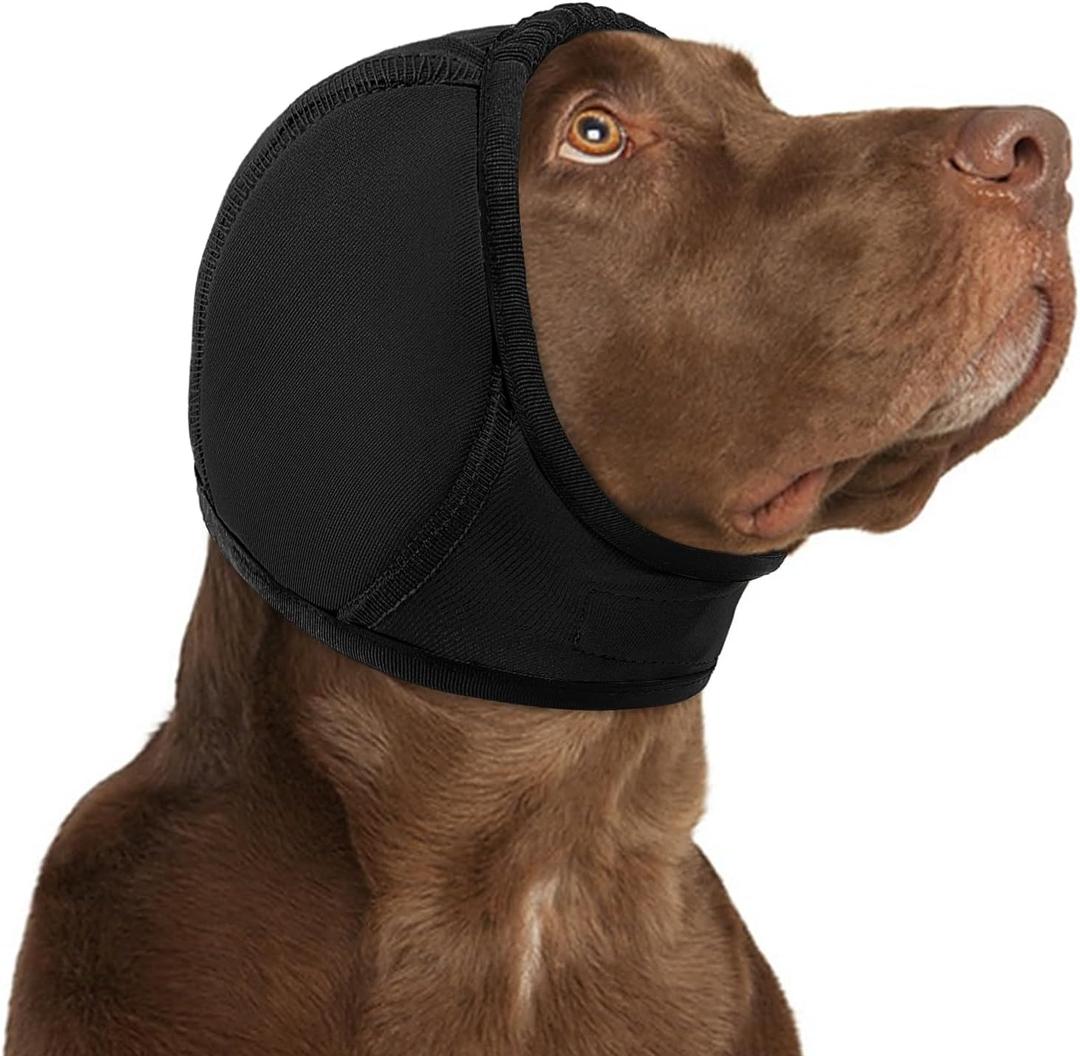 KOESON Dog Calming Hoodie - No Shake Ear Wraps for Dogs, Anxiety Relief & Noise Protection, Water Resistant Pet Ear Cover Muffs for Thunderstorms, Swimming, Firework, Grooming, Bathing, Black M