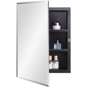 Black Plastic Bathroom Medicine Mirror Cabinet 16 x 22 inch, Surface and Recessed Mount, Beveled Edge Mirror