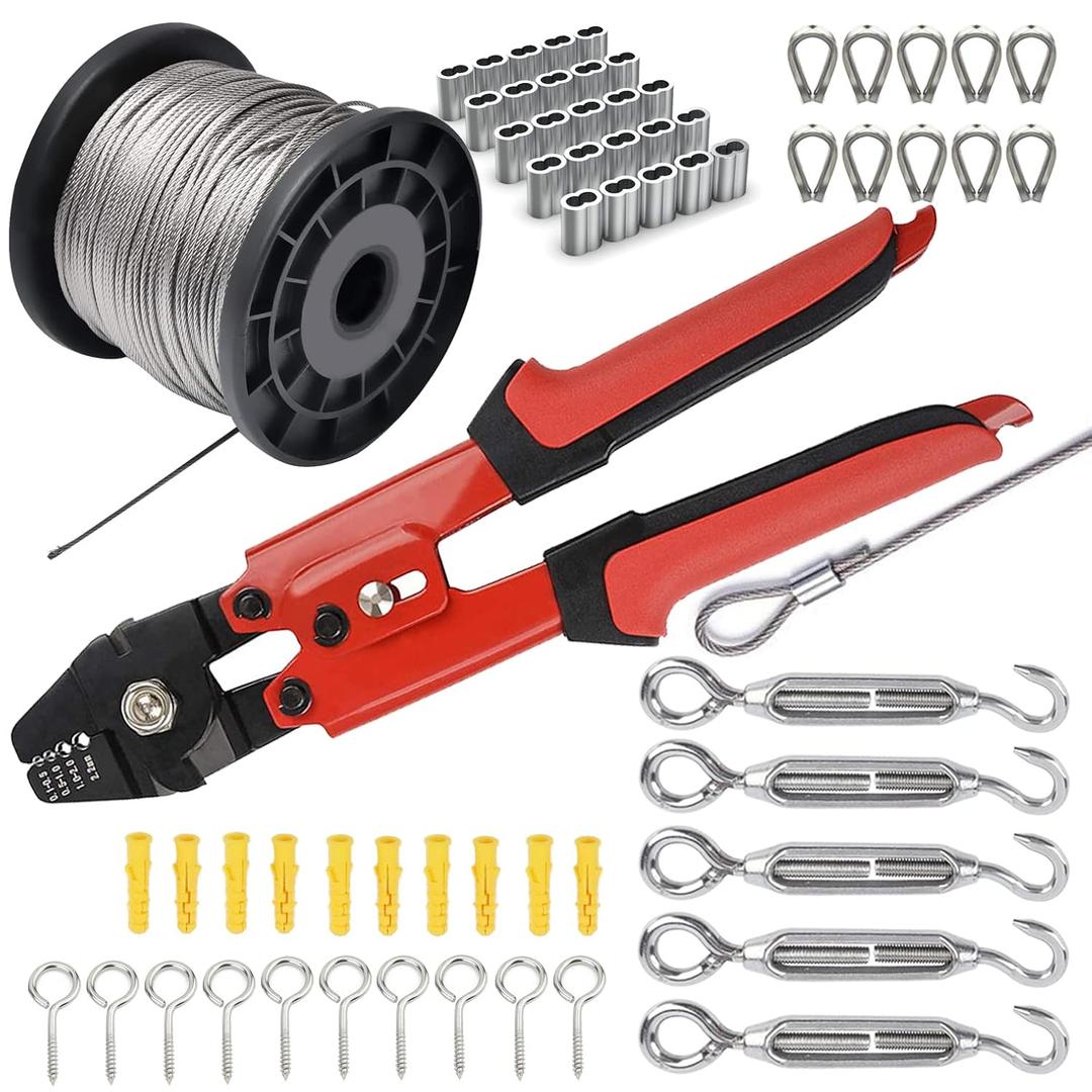 Wire Rope Crimping Tool Kit, with 1/16-304 Stainless Steel Cable 165 ft (7x7 Strand Core), 100 Cable Ferrule Aluminum Loop Sleeve Stops