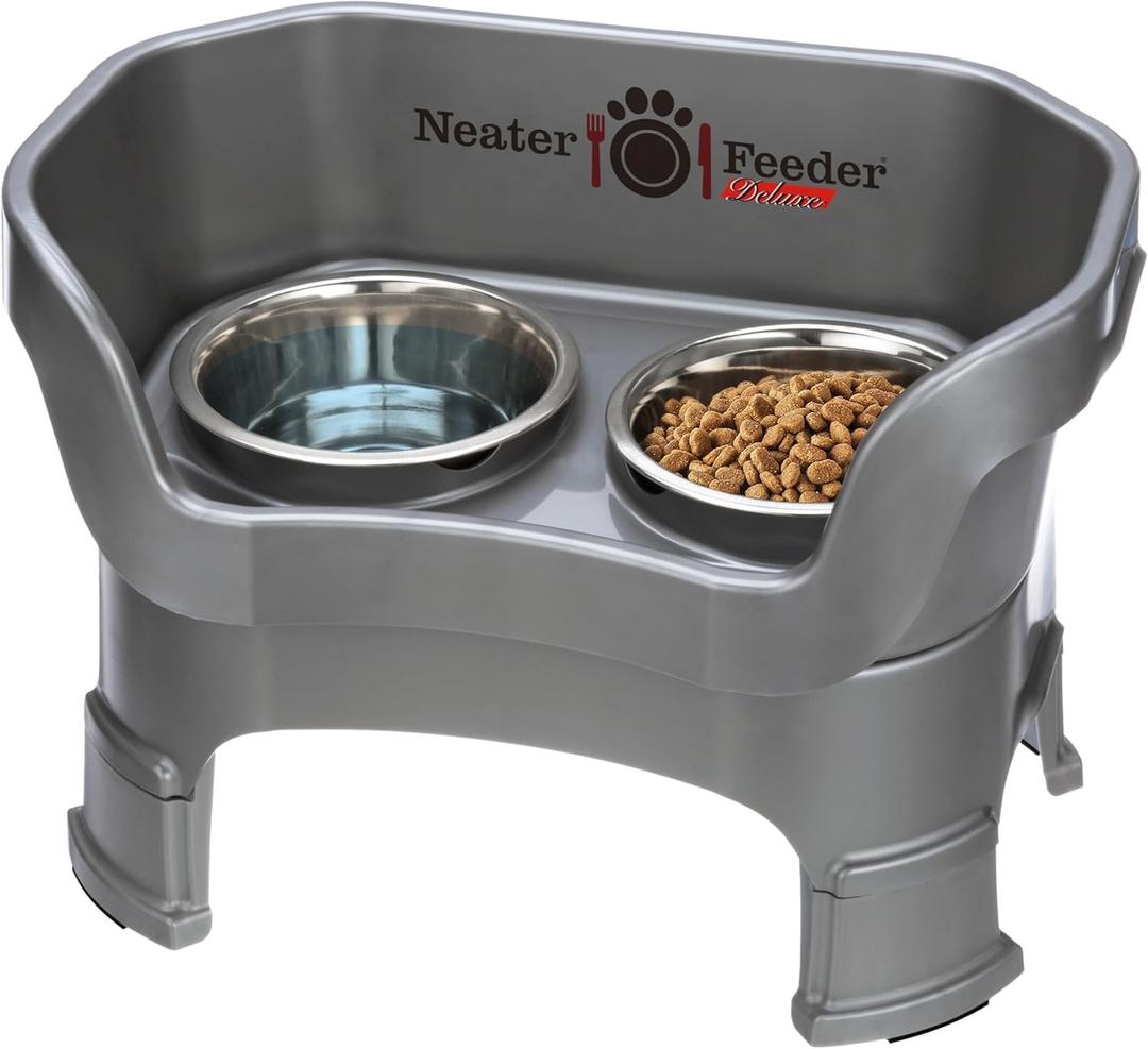 Neater Feeder Deluxe Mess-Proof Elevated Dog Bowls for Medium Dogs (19–40 lbs), 2 Height Adjustable (10” & 12.5”) No-Spill Raised Dog Bowl Stand, Stainless Steel Food Bowl Set, Made in USA, Gunmetal