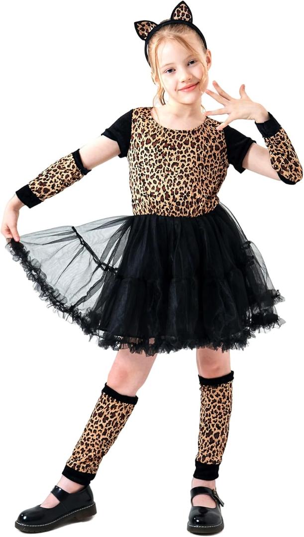 Willheoy Cheetah Costume for Girls Halloween Kids Leopard Costume Role Play Animal Costume Cosplay Dress Up Carnival (10-12 Years, Black)