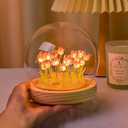 Tulip Night Light Lamp  16 LED Flowers in Glass Dome with Wooden Base, Decorative Desk Lamp, Gift for Women, Batteries and Gift Bag Included