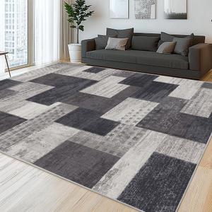 Modern Geometric Patchwork Indoor Area Rug for Living Room, Charcoal 8'x 10' Large Rug Rockwood Collection Hardwood Floors Decor for Bedroom, Grey Throw Carpet for Office Entryway Dining Room