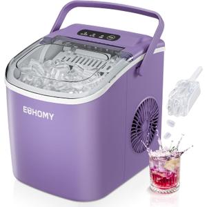 EUHOMY Countertop Ice Maker Machine with Handle, 26lbs Per Day, 9 Ice Cubes Ready in 6 Mins, Auto-Cleaning Portable Ice Maker with Basket and Scoop, for Home/Kitchen/Camping/RV (Purple) (11.57"D x 11.42"W x 8.74"H)