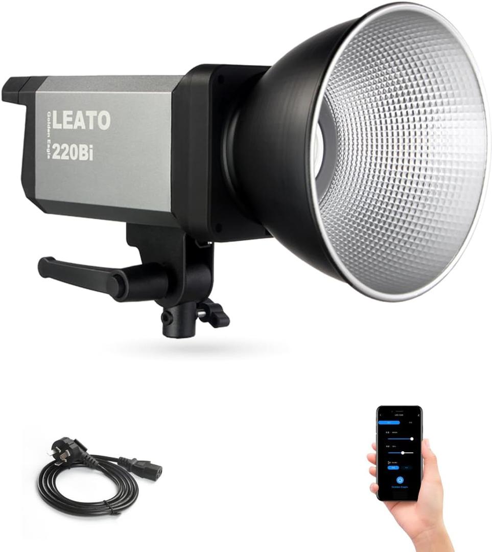 Golden Eagle LEATO 220Bi LED Video Light 200W Bi Color COB Silent Photograhpy Continuous Lighting Bowens Mount Spotlight CCT2700K-6500K CRI96 with App Control for Video, Film, Photo, Streaming, Studio