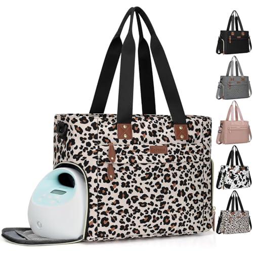 Pritent Diaper Bag Tote for Working Mom, Large Travel Diaper Tote for Mom and Dad with 14 Inch Laptop Sleeve, Mommy Maternity Travel Baby Bag for Boys and Girls, Leopard