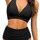 Halter V Neck Push Up Swimsuit Padded High Waisted Ruched Bottom Two Piece Bikini Set Bathing Suit for Women (Black)