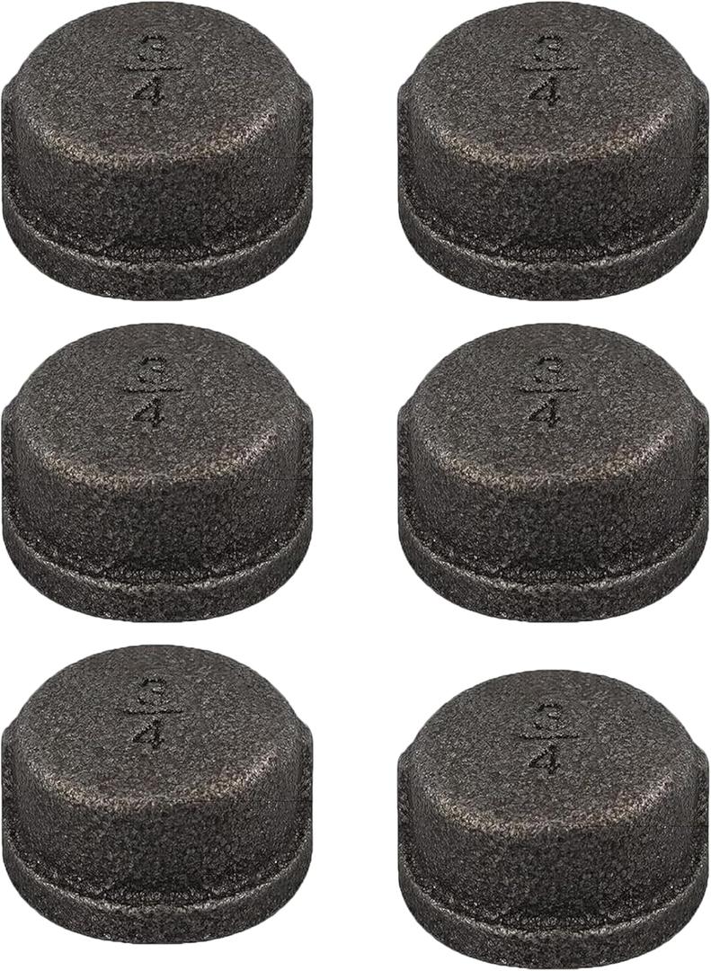 6 pack 3/4 Inch Malleable Cast iron Pipe Cap Industrial Pipe for Threaded Black Pipes and Fittings DIY Retro Furniture Threaded Pipes and Fittings