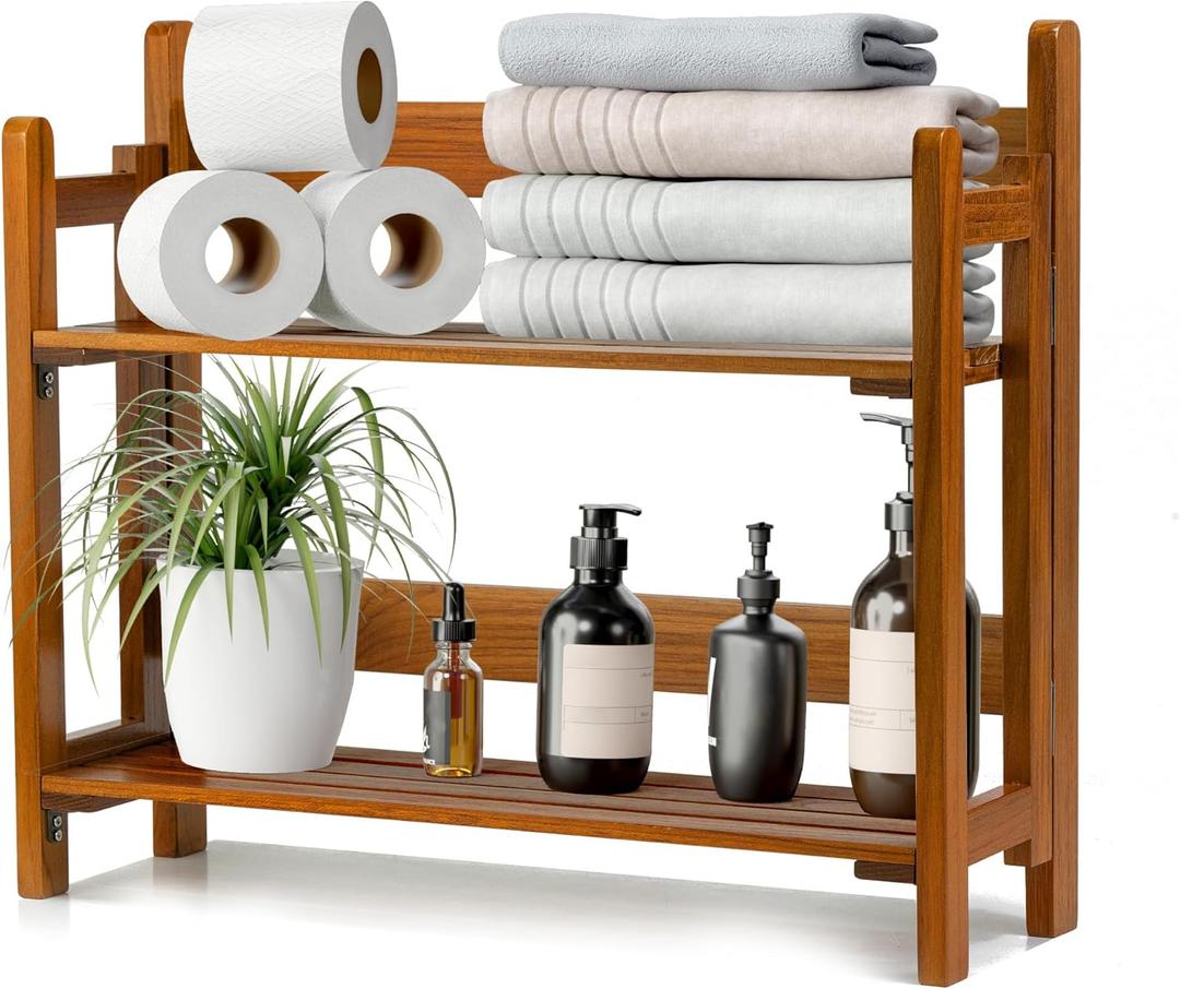 VaeFae Teak Wood Floating Shelves Bathroom, Foldable Wooden Rack Wall Mount, 2 Shelves