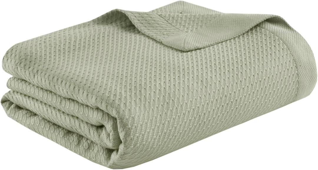 Madison Park 100% Egyptian Cotton Lightweight Summer Blanket, Breathable Waffle Knit Design, Soft Cozy All-Season Throw for Bed, Couch or Sofa, Sage Green Full/Queen Size (90"x90")