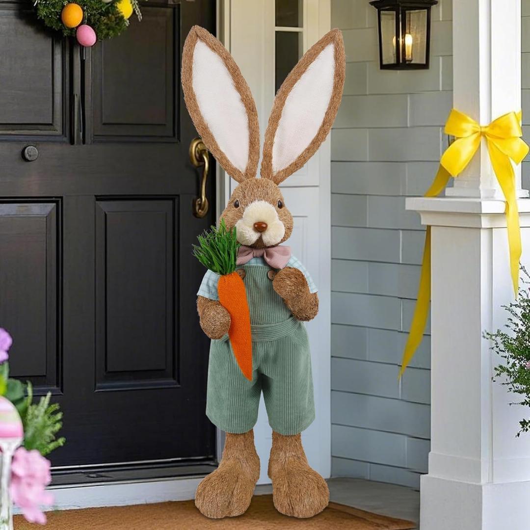 DR.DUDU Easter Bunny Decor, 2.7 FT Large Bunnies Statue Outdoor Porch Decorations with Carrot, Sisal Tall Bunny Topiary Easter Standing Straw Rabbit for Indoor Garden Farmhouse Front Door Spring