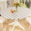 Smiry Round Picnic Tablecloth, Elastic Waterproof Fitted Vinyl Tablecloths for 36"-44" Tables, Flannel Backed Buffalo Plaid Table Cover for Dining, Camping, Outdoor, White and Khaki