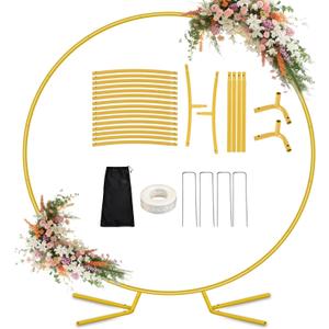 7.2FT Round Balloon Arch Stand Kit,Metal Circle Arch Backdrop Stand for Parties, Gold Wedding Arches Frame with Base for Ceremony Anniversary Birthday Baby Shower Gender Reveal Party Decor
