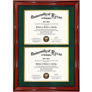 GMFrames Double 8.5x11 Diploma Certificate Frame, Solid Wood & Tempered Glass, Cherry Lacquer Finish & Intricate Rope Detail, Green over Gold Mat