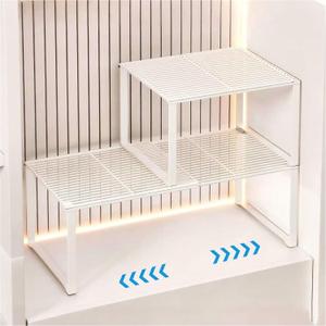 Extendable Metal Wire Shelf Organizer - Adjustable 15-24.4in Length, Stackable Storage Rack for Kitchen/Pantry/Bathroom/Shoe Cabinet/Tool Closet (2, White)