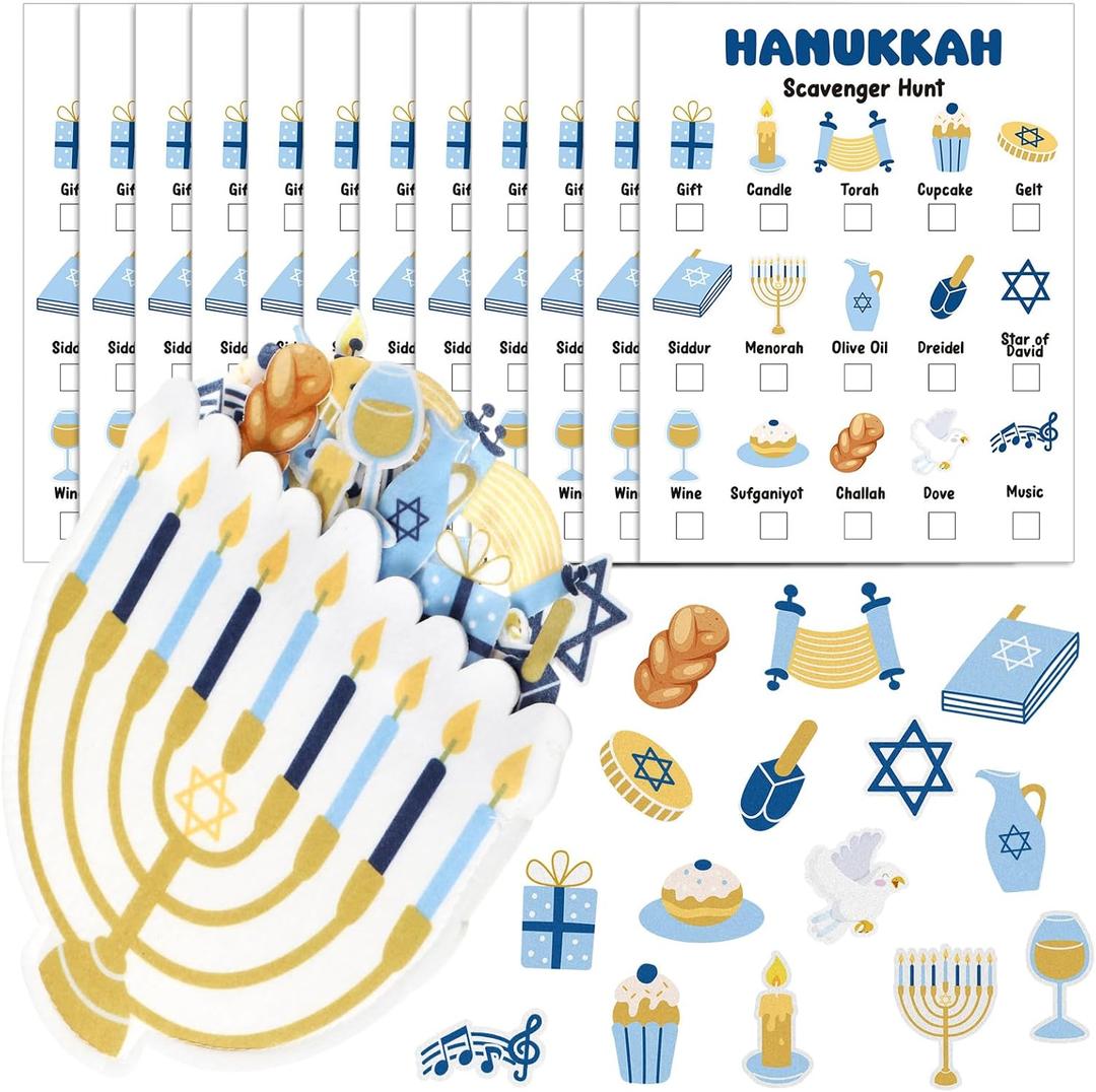 Hanukkah Scavenger Hunt Game Chanukah Decoration Including 15 Scavenger Hunt Cards 45 Felt Chanukah Element Pieces with Menorah Bag for Kids Adults Hanukkah Party Activities