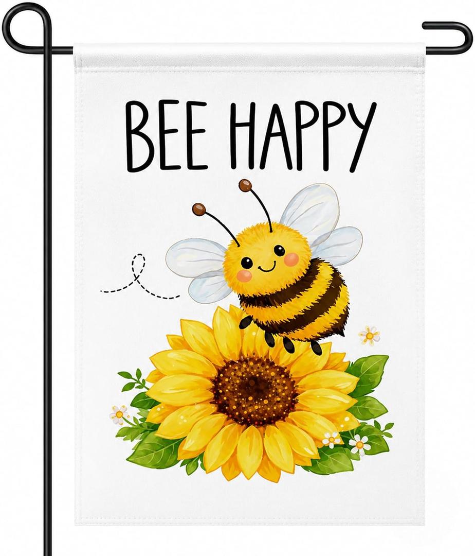 2 x Summer Party Decorations - Bee Happy Summer Garden Flag | Double Sided Sunflower Welcome Yard Decor | Summer Party Accessories Backdrop Favors Supplies Decor for Garden Yard Porch Patio Lawn Outdoor Outside