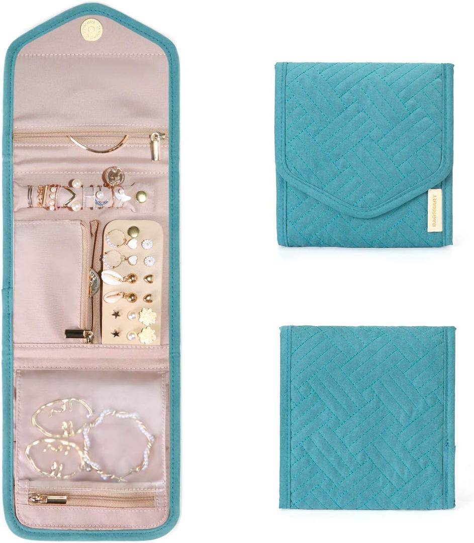 BAGSMART Travel Jewelry Organizer Case Foldable Jewelry Roll for Journey Rings, Necklaces, Earrings, Bracelets,Mini,Teal (Small)