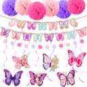Vints Butterfly Birthday Party Decorations, Purple Pink Happy Birthday Butterfly Banner Butterfly Hanging Swirl Streamers 6 Pcs Tissue Pom Pom for Girls Party Spring Themed Party