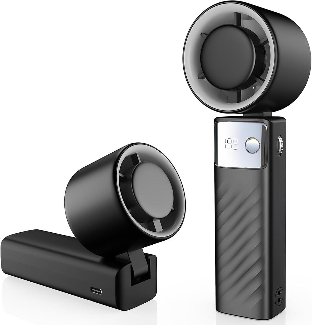 Portable Handheld Turbo Fan - Foldable Mini Fan with Air Turbo Tech, 1-199 Speed Adjustment, 20H Runtime, LED Display, Battery-Powered for Indoor/Outdoor Use, Dark Black (Small)
