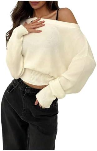 RoseSeek Women's Off The Shoulder Sweater Long Sleeve Knit Pullover Cinched Waist Tops Trendy Fall Outfits M