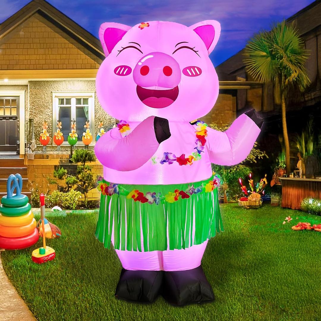 OurWarm 5FT Hawaiian Tropic Luau Party Decorations Inflatable Pig with Built-in LED Lights & Blower, Summer Blow Up Pig Dancing in Hula Skirt, Tropical Inflatable for Yard Garden Beach Outdoor Decor