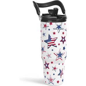 SANDJEST American Flag Star Tumbler with Handle 30oz, Stainless Steel Insulated Flip Straw Tumblers Coffee Travel Mug Cup, USA America Gifts for Women Girl for Birthday Christmas