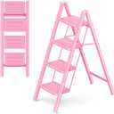 Pink 4 Step Ladder, Sturdy Foldable Ladder, Integrated 7.9Inch Wide Pedal and Anti-Slip Feet for Steady Support, Suitable for Kitchen, Closet, Indoor and Outdoor Use, 330Lbs Load