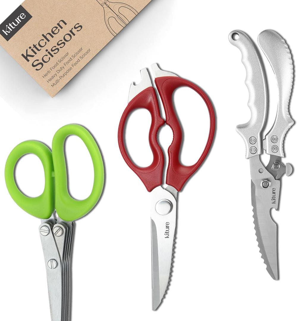2 x Heavy Duty Kitchen Shear with Bonus MultiPurpose and Herb Scissors 420 Stainless Steel for Chicken, Meat, Fish and Poultry Gift Set with Kitchen Shears for Food and Herbs Scissors by Kiture (Large Silver Set)