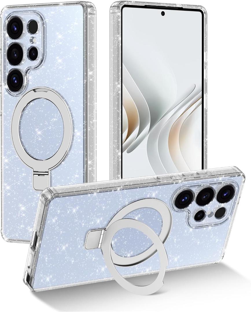 Magnetic for Samsung Galaxy S25 Ultra Case with Invisible Ring Stand [Compatible with MagSafe], Full Body Rugged Slim Women Men Girl Shockproof Marble Pattern Design Case Clear Glitter