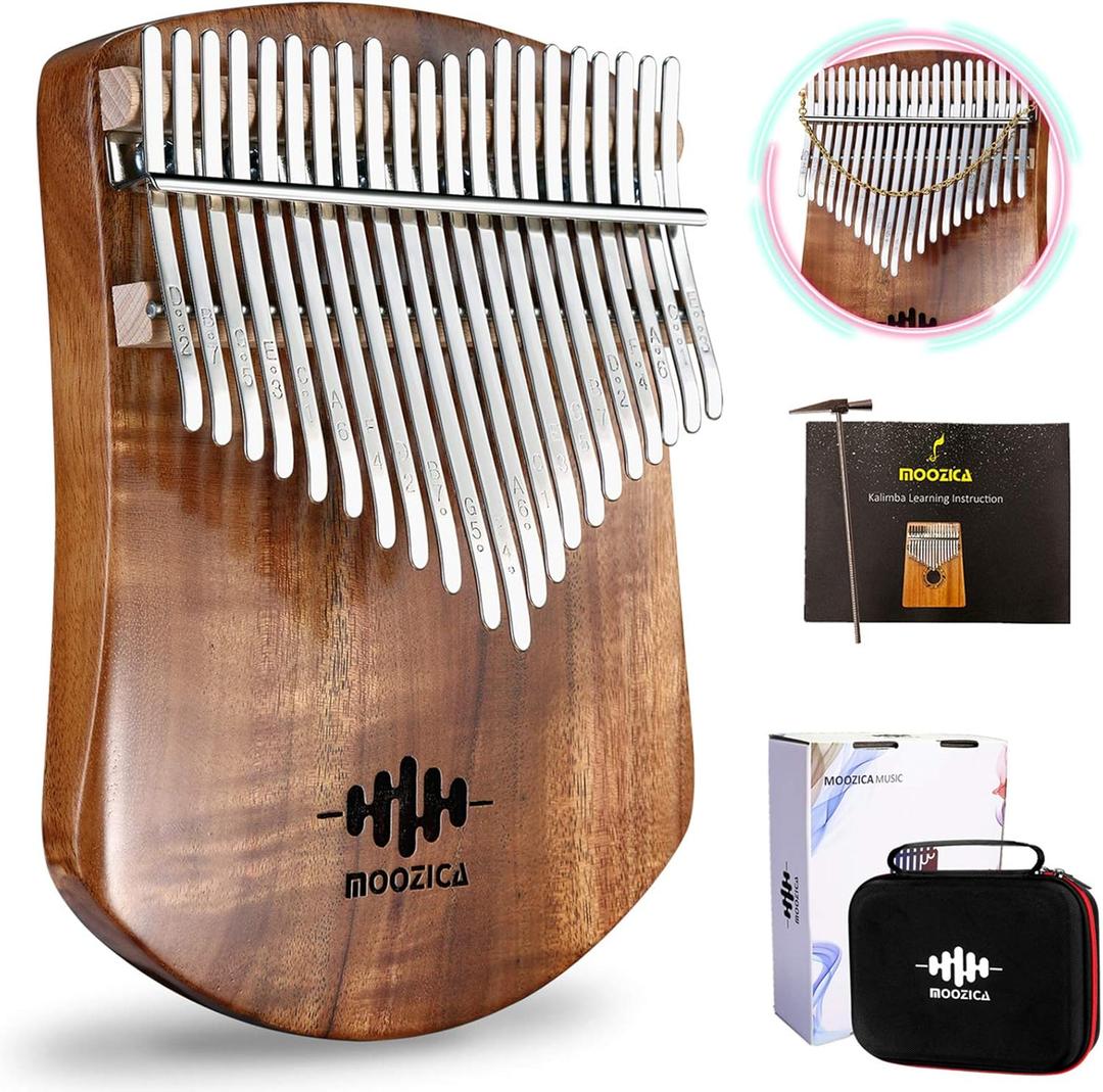 MOOZICA 21 Keys Solid Koa Kalimba Thumb Piano, Single Solid Wood Flat-board Professional Kalimba Marimba with Learning Instruction and High Performance Carrying Case (Acacia Koa, 21-Key)