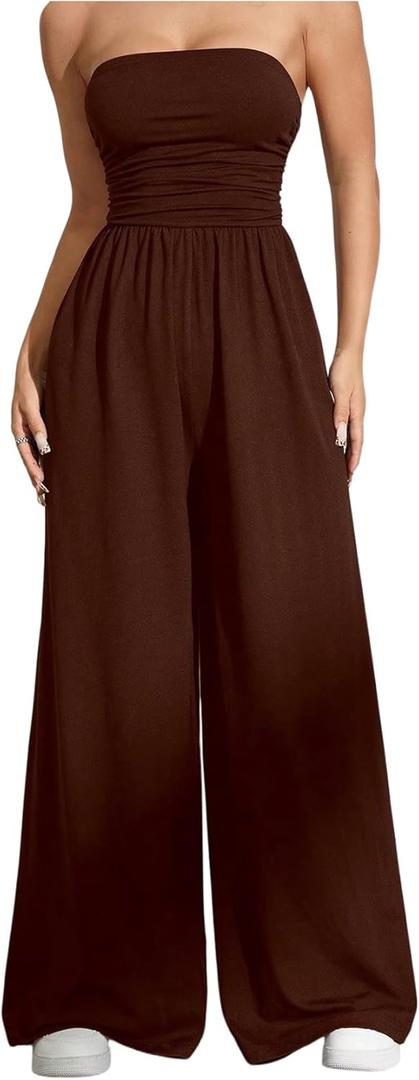 OYOANGLE Women's Strapless Jumpsuits Ruched Wide Leg Long Pants Romper (Large, Brown)