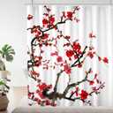 Red Cherry Blossom Shower Curtains for Bathroom,Polyester Fabric Asian Japanese Blooming Plum Flower Style Shower Curtain with 12 Hooks,Decorative Bath Curtain for Bathroom Decor 72W x 72H