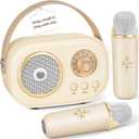 PRUNUS C20 Mini Karaoke Machine,Valentines Day Gifts for Her Him Kids Mens,Portable Bluetooth Speaker with 2 Wireless Microphone for Boys Girls 3-12+ Years Old Birthday Party Beige