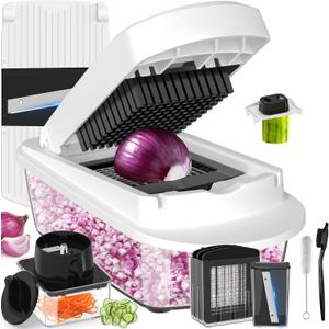 12 Blade All-in-1 Vegetable Chopper Mandoline Slicer with Container, Spiralizer with Containers, Food Chopper, Onion Chopper, Veggie Cutter for Salad, Kitchen Gadgets Accessories Essentials, White