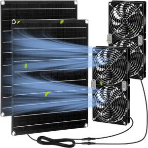 Riakrum 2 Set 2 Pcs 15w 12v Solar Powered Dual Fan Kit, Waterproof Solar Exhaust Intake Cooling Ventilation Fan for Chicken House, Doghouse, Greenhouse, Pet House, DIY Cooling Ventilation