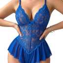Avidlove Teddy Lingerie for Women Lace Bodysuit One Piece Babydoll Mesh Chemise V Neck Sleepwear (Large, Blue)