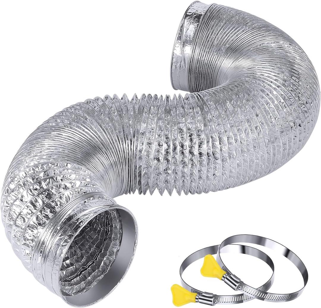 Heavy Duty 4"Flexible Dryer Vent Exhaust Duct Hose 12 FT Long, Extra Thick(6-ply) Aluminum Foil AC Ducting Kit with 2 Key Hose Clamps