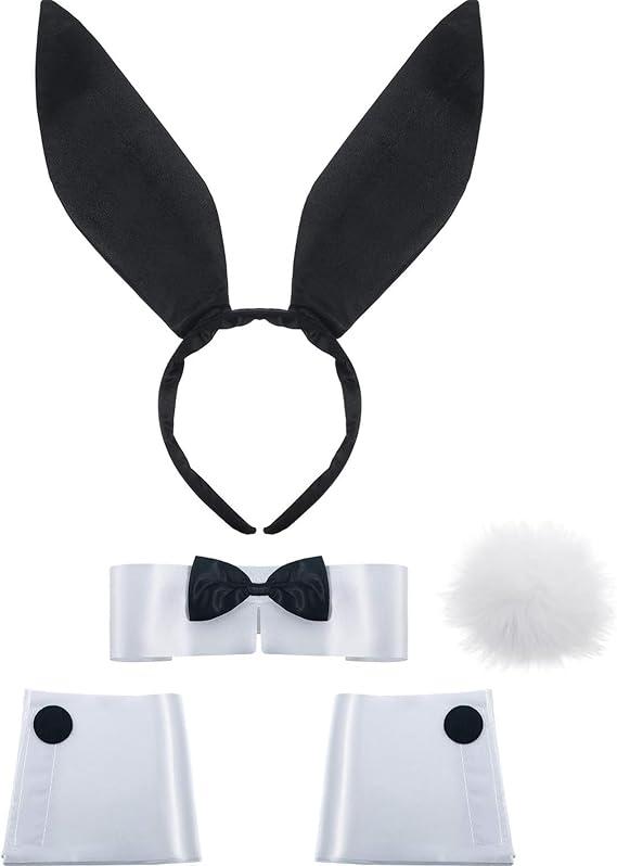 Women's Bunny Costume Set Rabbit Ear Headband Collar Bow Tie Costume Cuffs Rabbit Tail for Easter Party