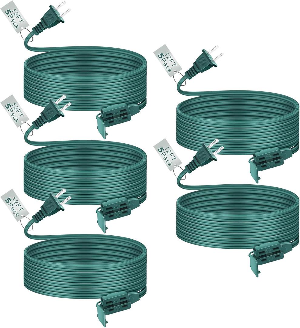 5 Pack Indoor Extension Cord 12 Feet Green Include 3 Polarized Outlets with Protective Plug Cap 18 Gauge 125 Volts 2 Prong Christmas Lights Extension Cord for Holiday Xmas Home Office