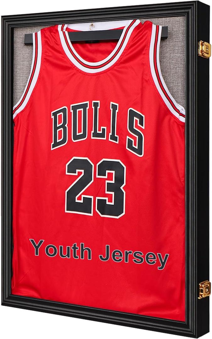IHEIPYE Kids Military Uniform Shadow Box, Youth Jacket Sport Jersey Display Case with 98% UV Protection Acrylic and Hanger for Child Attire Football Soccer Sport T-Shirt, Small, Black Linen