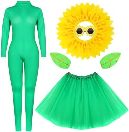 5pcs Sunflower Halloween Costumes for Women Cosplay Green Bodysuit Skirt Yellow Hood Headpiece Glasses Leaf Glove Accessory. M