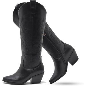 White Cowgirl Boots Wide Calf Cowgirl boots- Western Style Embroidered Knee High Cowboy Boots with Pointed Toe Chunky Heel Fashion Retro High Boot Pull-On (7, Black 1)