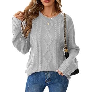 Libsorge Womens Cable Knit Crewneck Long Sleeve Pullover Sweater | Loose Fit, Drop Shoulder, Ribbed Cuff Hem, Fall, Winter, Spring, Dressy, Work, Causal, Medium