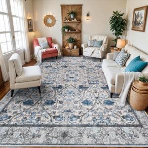 Machine Washable Area Rugs - 9x12 Area Rugs for Living Room Floral Vintage Rugs Large Stain Resistant Carpets Soft Indoor Home Thin Rug for Bedroom Dining Room Office 9x12 Blue/Cream