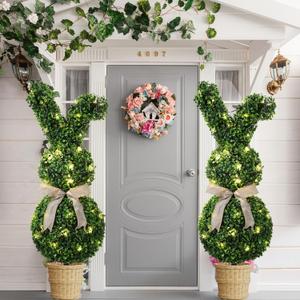 2 Pcs 31.5 Inch Easter Artificial Bunny Shaped Topiary Trees with Ground Spike, Spring Faux Boxwood Topiary Rabbit Bushes Potted Fake Shrubs for Garden Patio Front Porch Indoor Outdoor Decor