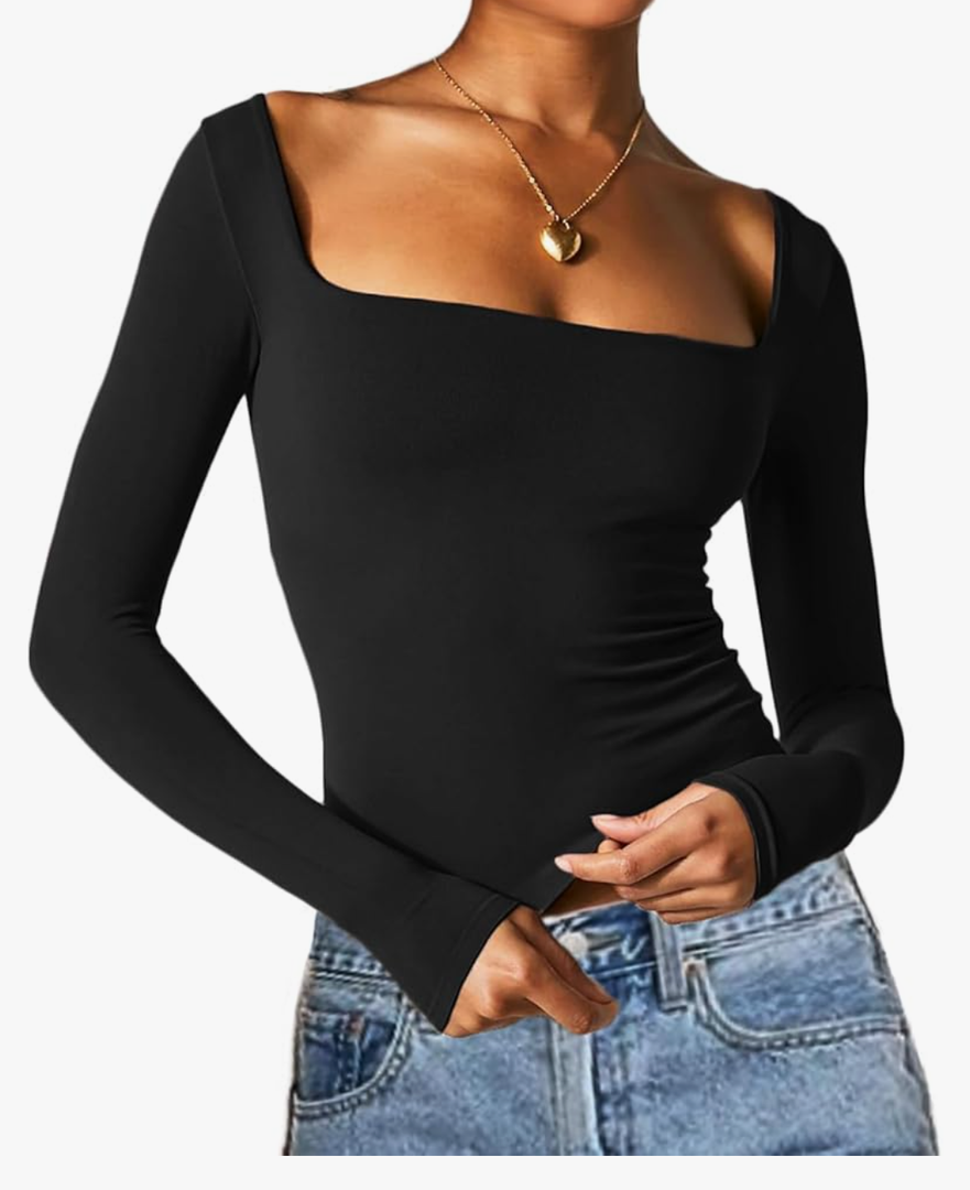 Beumissy Women's Sexy Long Sleeve Square Neck Tops Slim Fitted Double Lined Basic Shirts Large Size