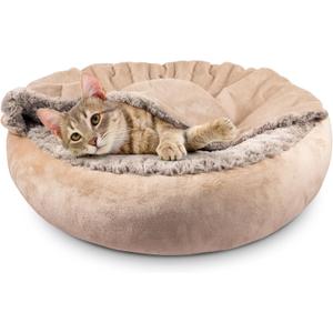 JOEJOY Small Dog Cat Bed With Hooded Blanket, Cozy Cuddler Luxury Puppy Pet Donut Round Calming Anti-Anxiety Burrow Cave - Anti-Slip Bottom, Machine Washable, 23 Inch (Beige)